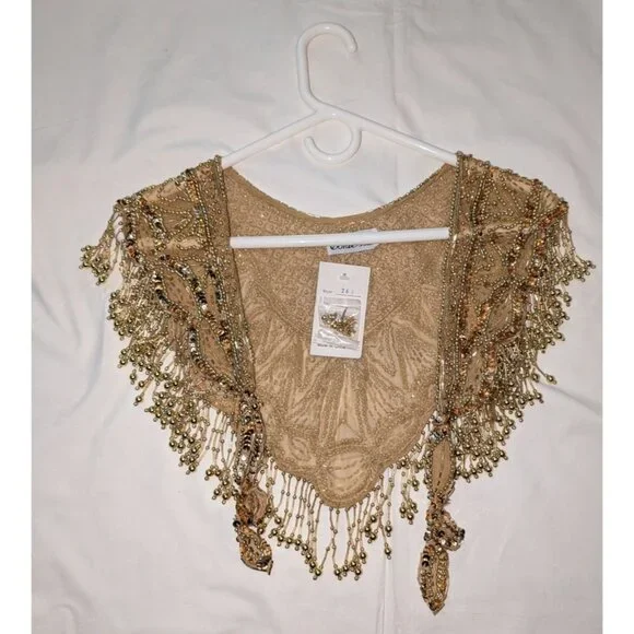 Gold Beaded Fringe Shawl Wrap New Years Christmas Party Festive - Picture 12 of 12